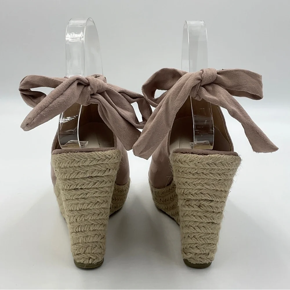 Refresh EUC Miya Pink Suede Espadrille Wedges Ribbon Tie Back Open Toe Size 8.5